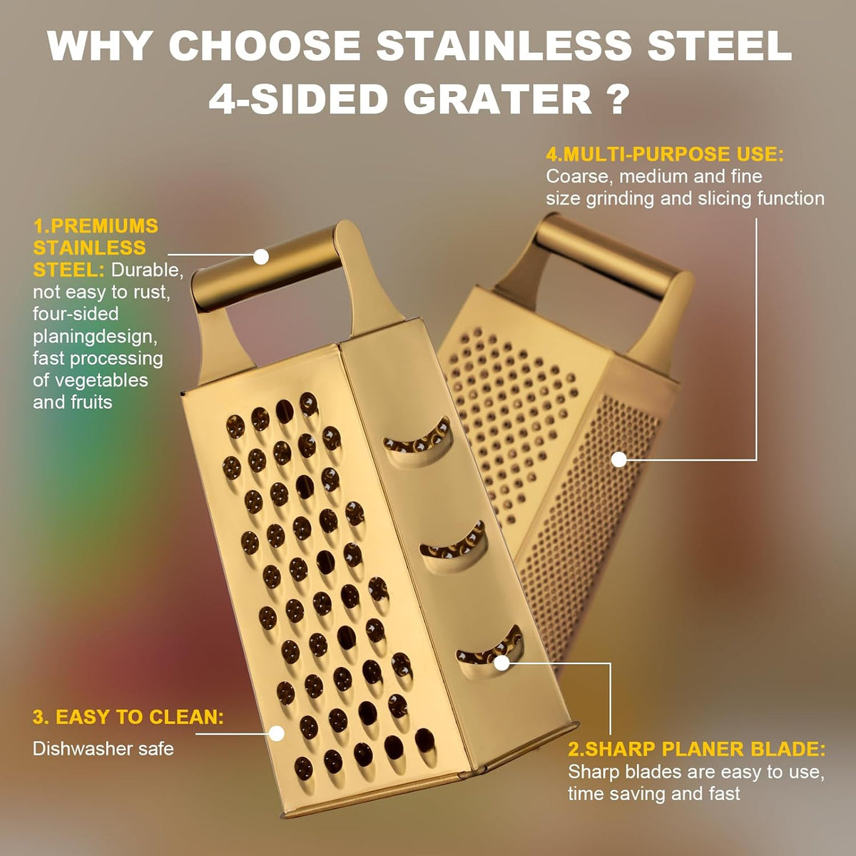 Rainbow Cheese Grater Handheld Grater for Kitchen, Stainless Steel 4 Sided Cheese Grater with Handle for Grinding Shredding & Slicing, Dishwasher Safe