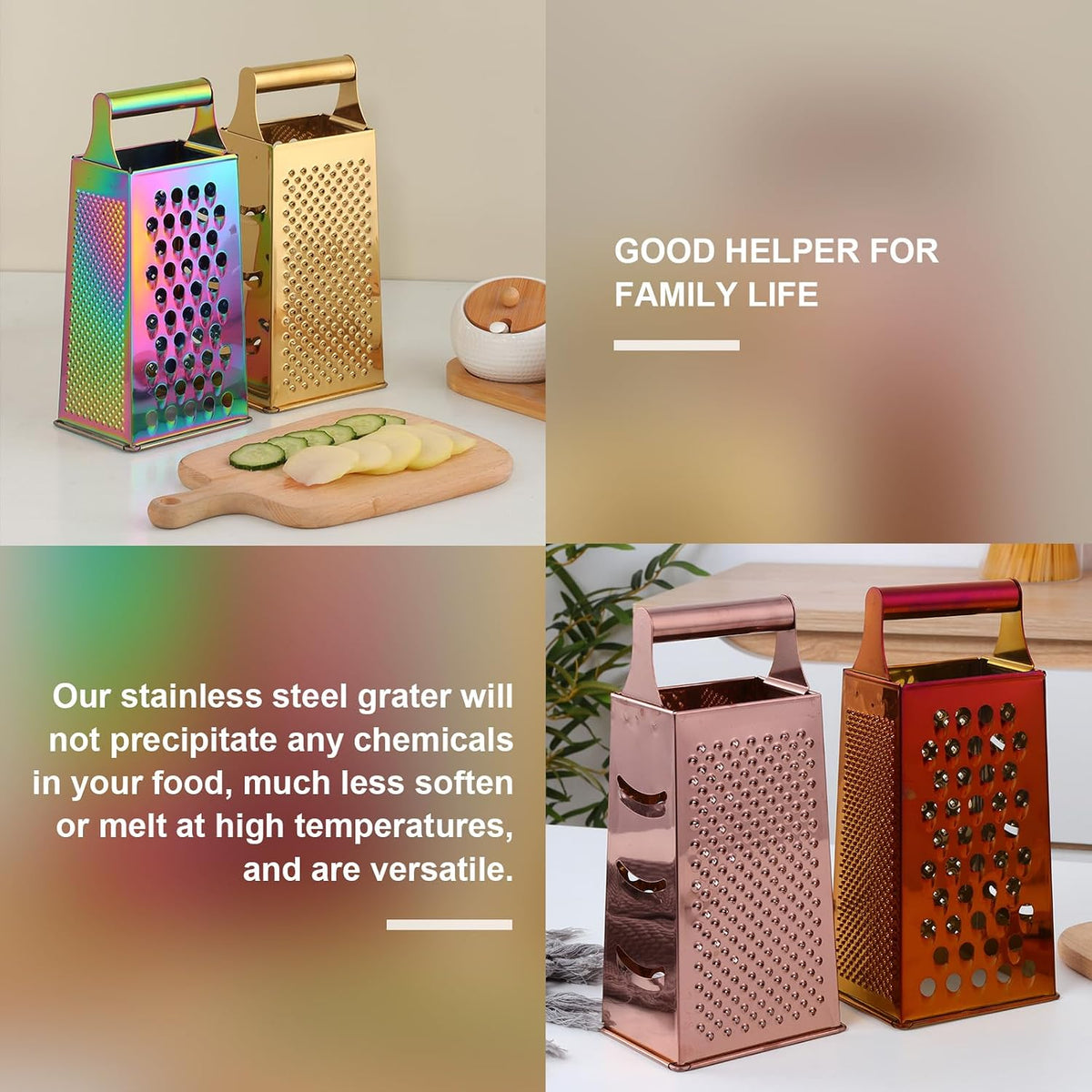 Rainbow Cheese Grater Handheld Grater for Kitchen, Stainless Steel 4 Sided Cheese Grater with Handle for Grinding Shredding & Slicing, Dishwasher Safe