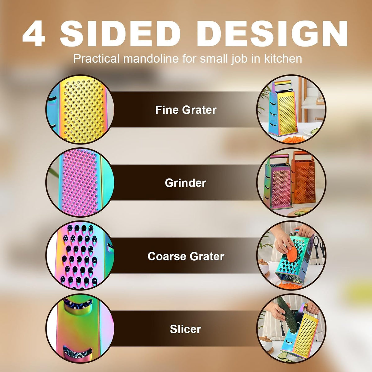 Rainbow Cheese Grater Handheld Grater for Kitchen, Stainless Steel 4 Sided Cheese Grater with Handle for Grinding Shredding & Slicing, Dishwasher Safe