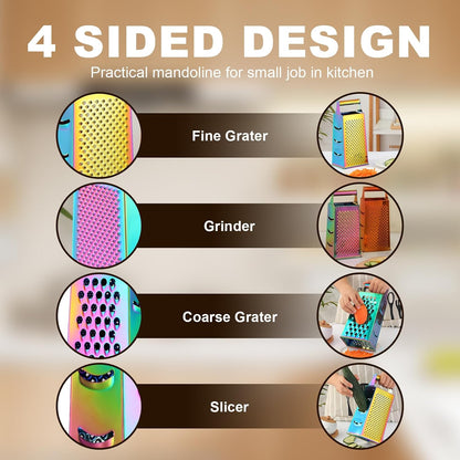 Rainbow Cheese Grater Handheld Grater for Kitchen, Stainless Steel 4 Sided Cheese Grater with Handle for Grinding Shredding & Slicing, Dishwasher Safe