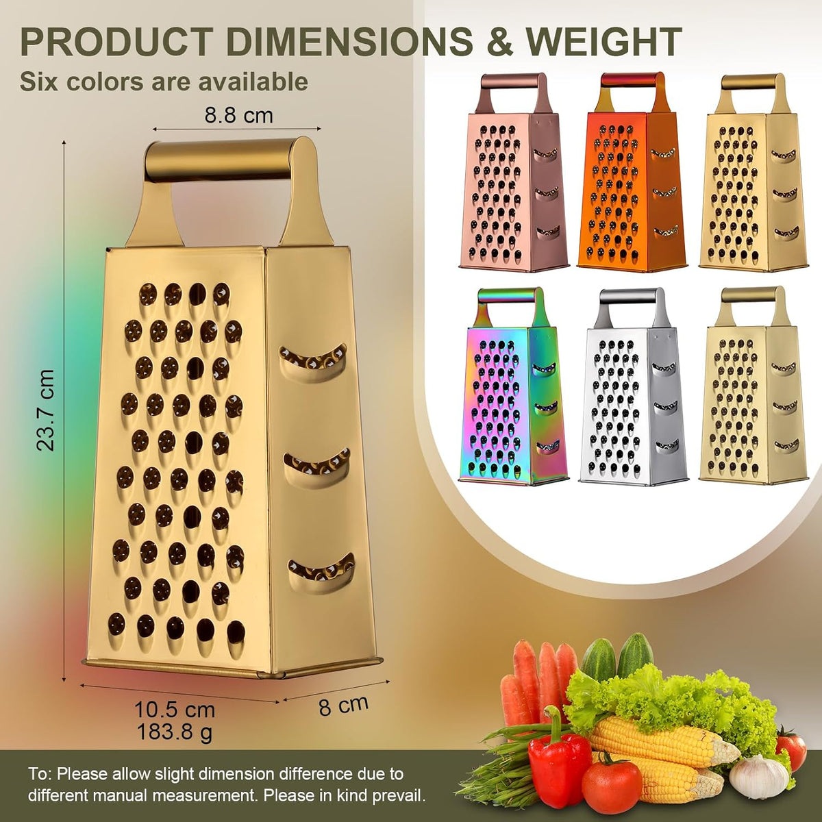 Rainbow Cheese Grater Handheld Grater for Kitchen, Stainless Steel 4 Sided Cheese Grater with Handle for Grinding Shredding & Slicing, Dishwasher Safe