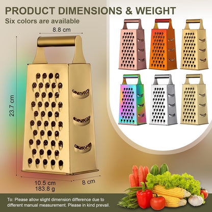 Rainbow Cheese Grater Handheld Grater for Kitchen, Stainless Steel 4 Sided Cheese Grater with Handle for Grinding Shredding & Slicing, Dishwasher Safe