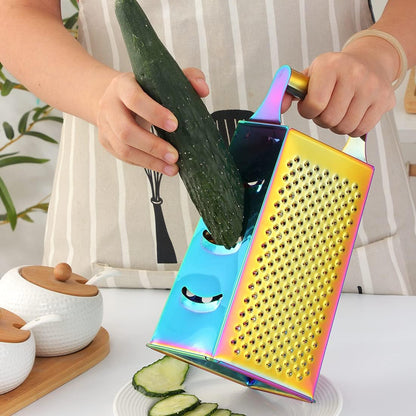 Rainbow Cheese Grater Handheld Grater for Kitchen, Stainless Steel 4 Sided Cheese Grater with Handle for Grinding Shredding & Slicing, Dishwasher Safe