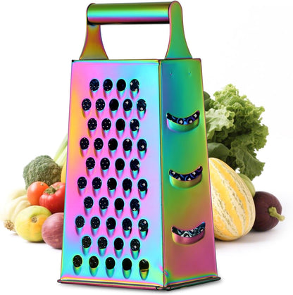 Rainbow Cheese Grater Handheld Grater for Kitchen, Stainless Steel 4 Sided Cheese Grater with Handle for Grinding Shredding & Slicing, Dishwasher Safe
