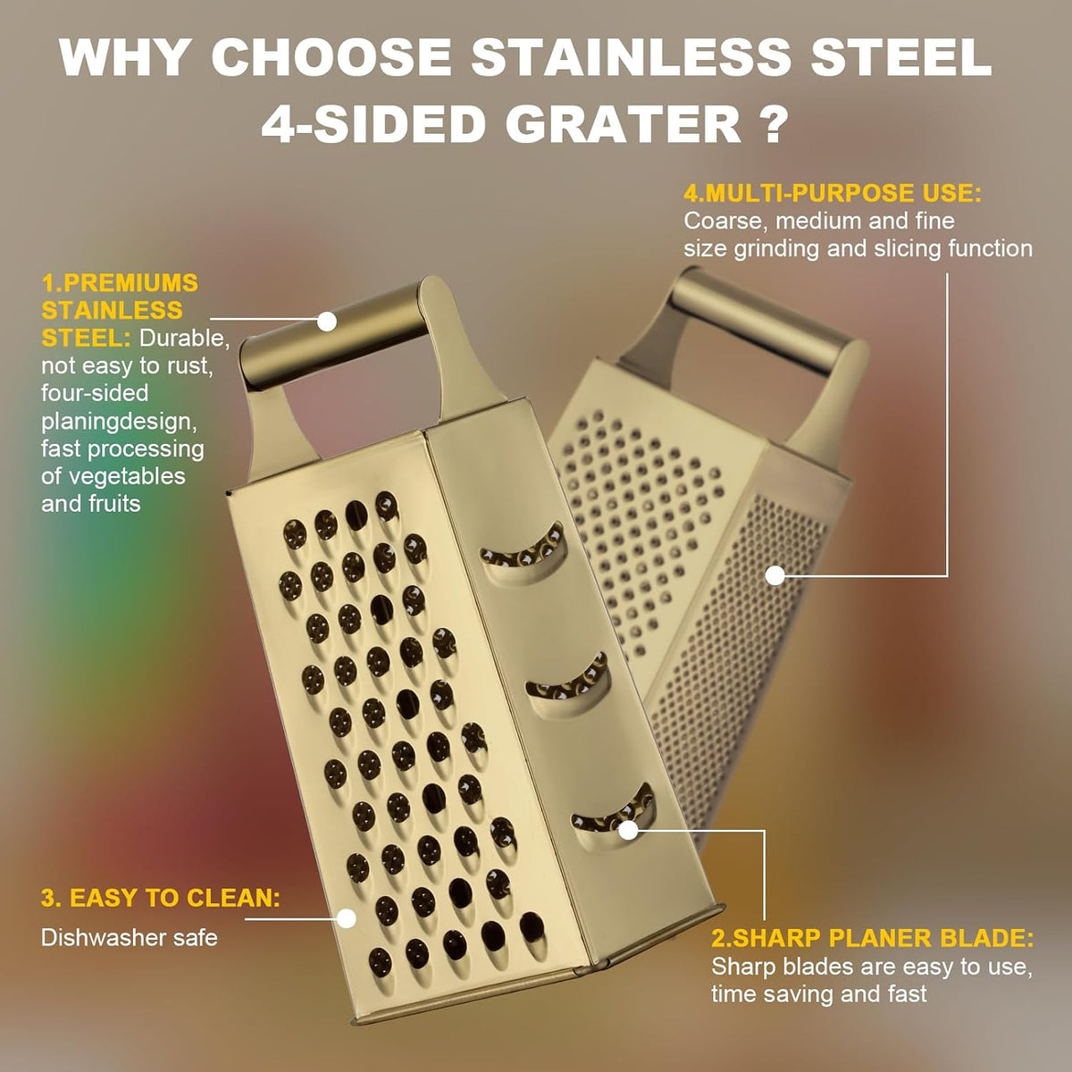 Rainbow Cheese Grater Handheld Grater for Kitchen, Stainless Steel 4 Sided Cheese Grater with Handle for Grinding Shredding & Slicing, Dishwasher Safe