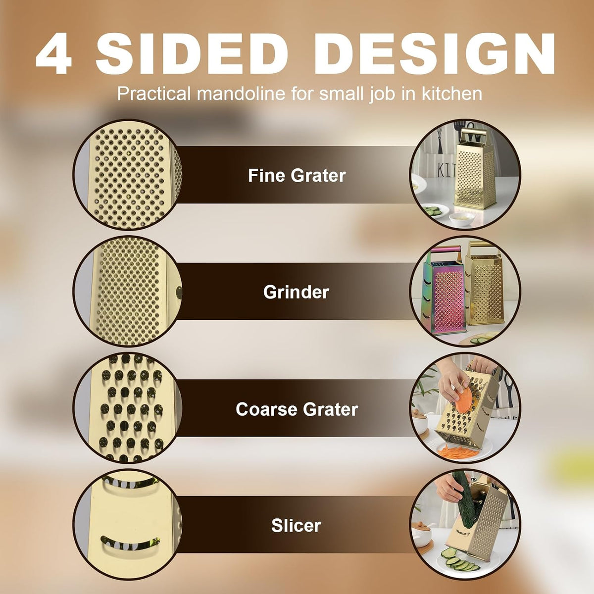 Rainbow Cheese Grater Handheld Grater for Kitchen, Stainless Steel 4 Sided Cheese Grater with Handle for Grinding Shredding & Slicing, Dishwasher Safe