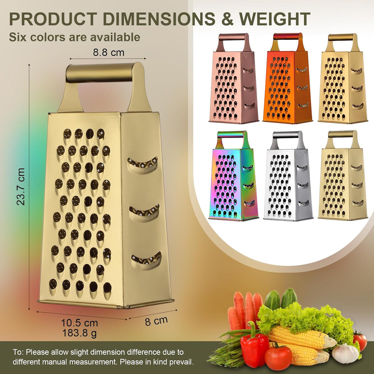 Rainbow Cheese Grater Handheld Grater for Kitchen, Stainless Steel 4 Sided Cheese Grater with Handle for Grinding Shredding & Slicing, Dishwasher Safe