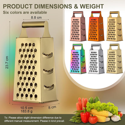 Rainbow Cheese Grater Handheld Grater for Kitchen, Stainless Steel 4 Sided Cheese Grater with Handle for Grinding Shredding & Slicing, Dishwasher Safe