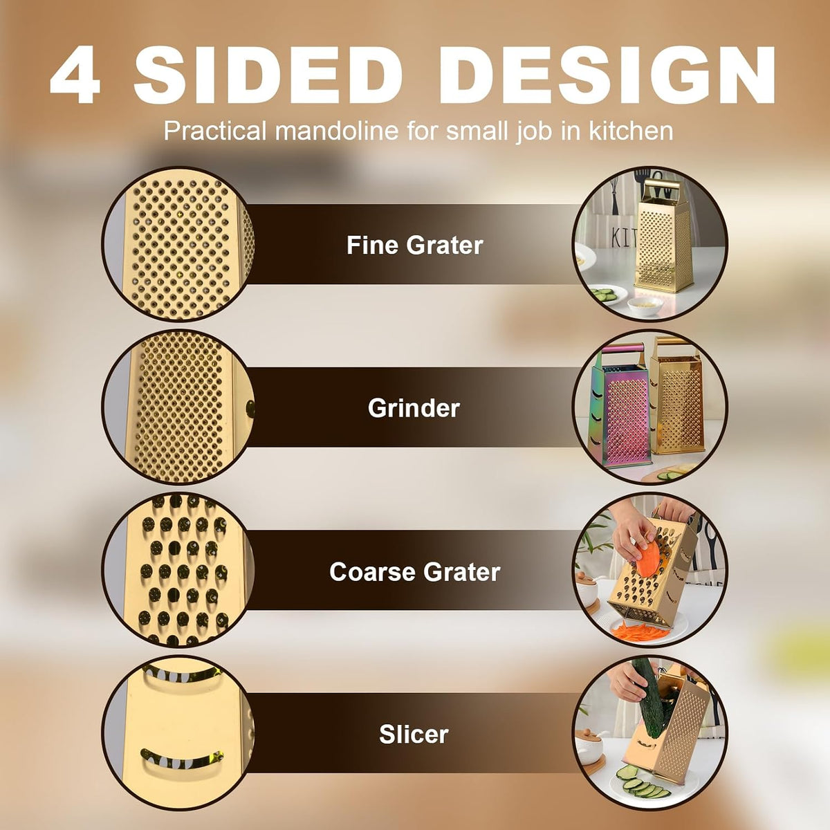 Rainbow Cheese Grater Handheld Grater for Kitchen, Stainless Steel 4 Sided Cheese Grater with Handle for Grinding Shredding & Slicing, Dishwasher Safe