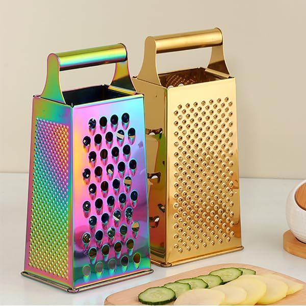 Rainbow Cheese Grater Handheld Grater for Kitchen, Stainless Steel 4 Sided Cheese Grater with Handle for Grinding Shredding & Slicing, Dishwasher Safe