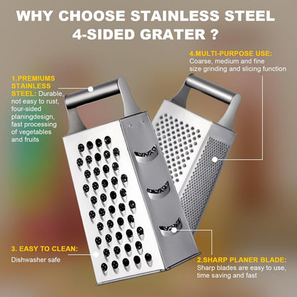 Rainbow Cheese Grater Handheld Grater for Kitchen, Stainless Steel 4 Sided Cheese Grater with Handle for Grinding Shredding & Slicing, Dishwasher Safe