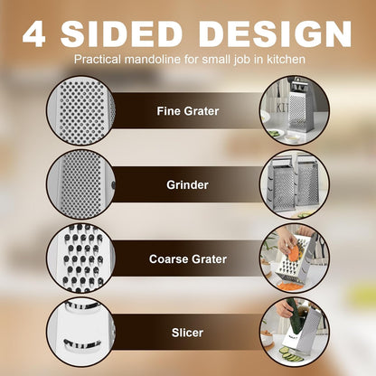 Rainbow Cheese Grater Handheld Grater for Kitchen, Stainless Steel 4 Sided Cheese Grater with Handle for Grinding Shredding & Slicing, Dishwasher Safe