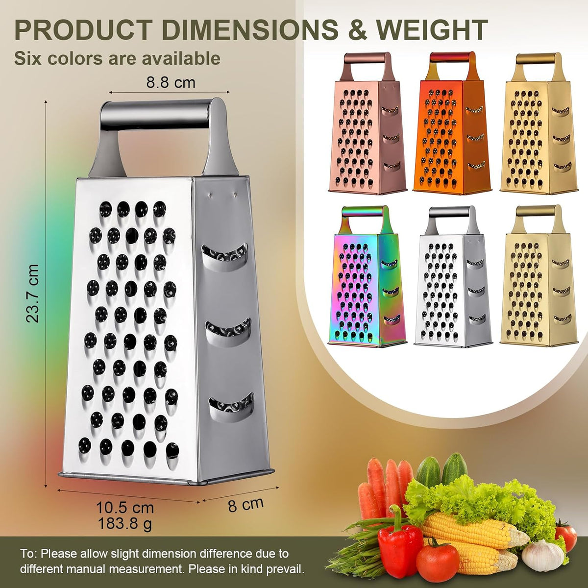 Rainbow Cheese Grater Handheld Grater for Kitchen, Stainless Steel 4 Sided Cheese Grater with Handle for Grinding Shredding & Slicing, Dishwasher Safe