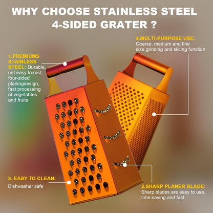 Rainbow Cheese Grater Handheld Grater for Kitchen, Stainless Steel 4 Sided Cheese Grater with Handle for Grinding Shredding & Slicing, Dishwasher Safe