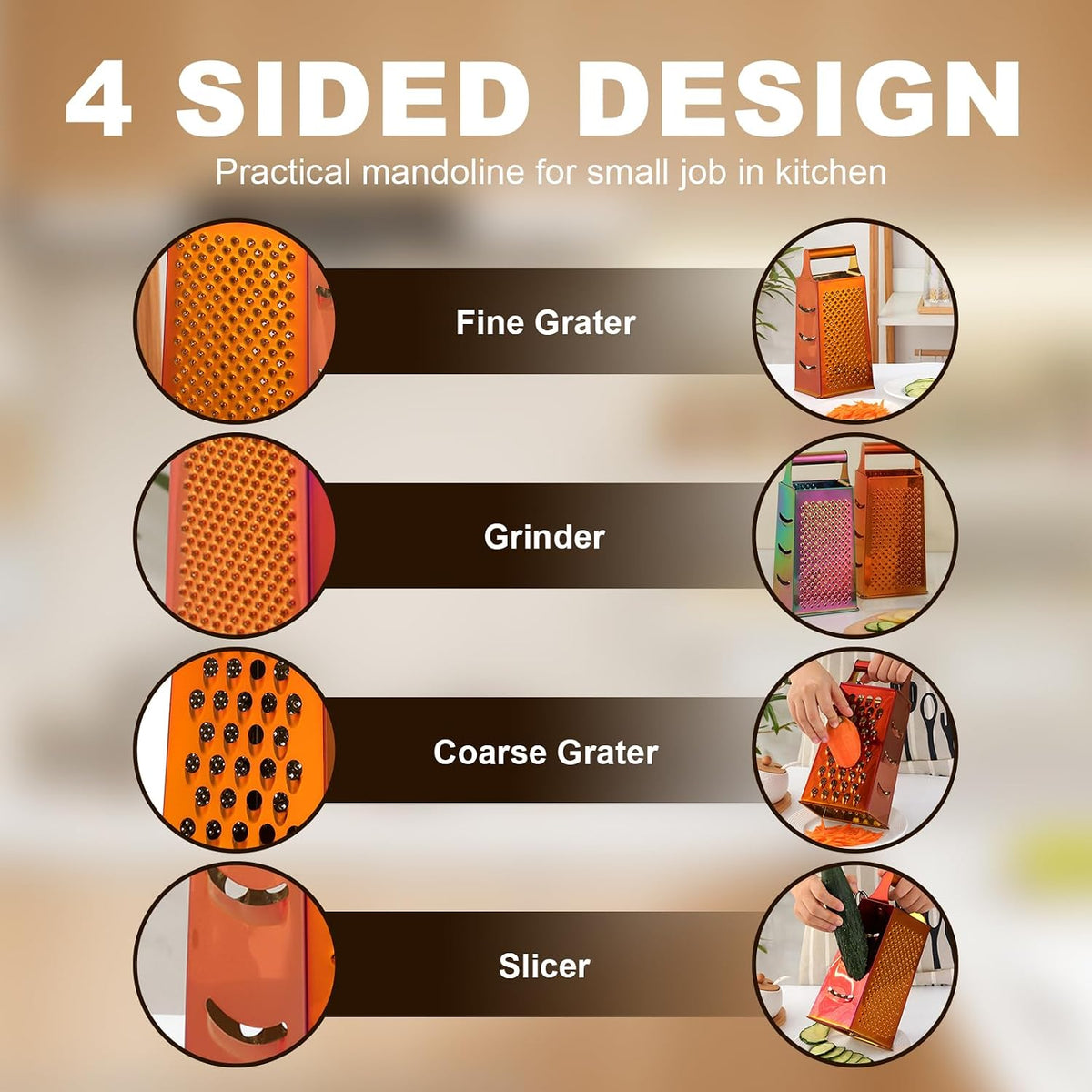 Rainbow Cheese Grater Handheld Grater for Kitchen, Stainless Steel 4 Sided Cheese Grater with Handle for Grinding Shredding & Slicing, Dishwasher Safe