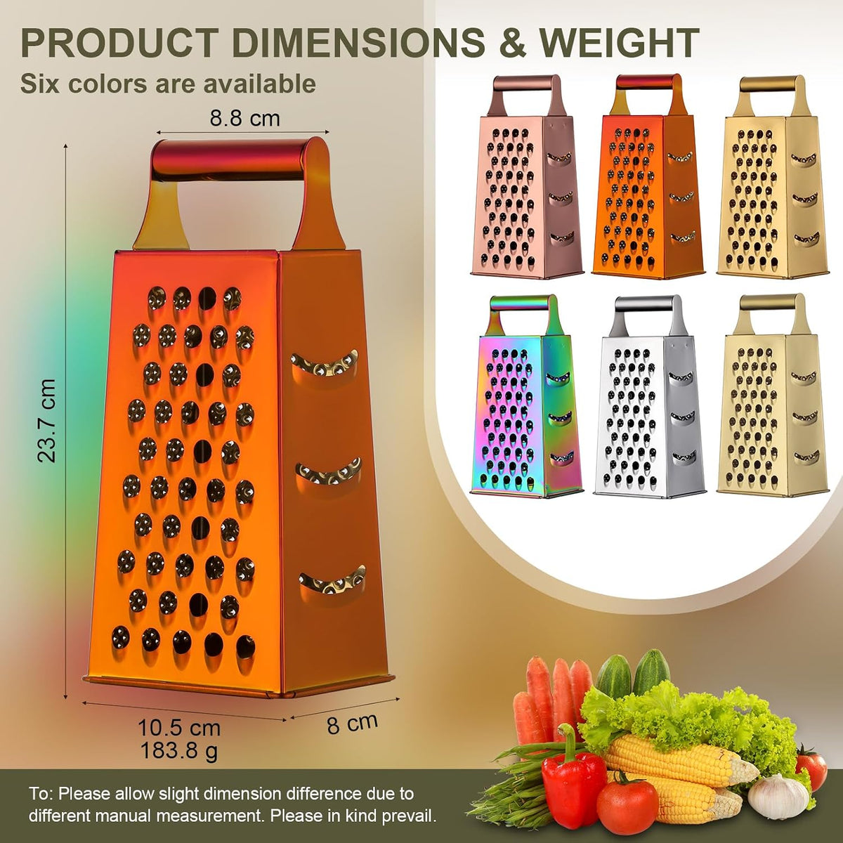 Rainbow Cheese Grater Handheld Grater for Kitchen, Stainless Steel 4 Sided Cheese Grater with Handle for Grinding Shredding & Slicing, Dishwasher Safe