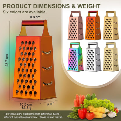 Rainbow Cheese Grater Handheld Grater for Kitchen, Stainless Steel 4 Sided Cheese Grater with Handle for Grinding Shredding & Slicing, Dishwasher Safe