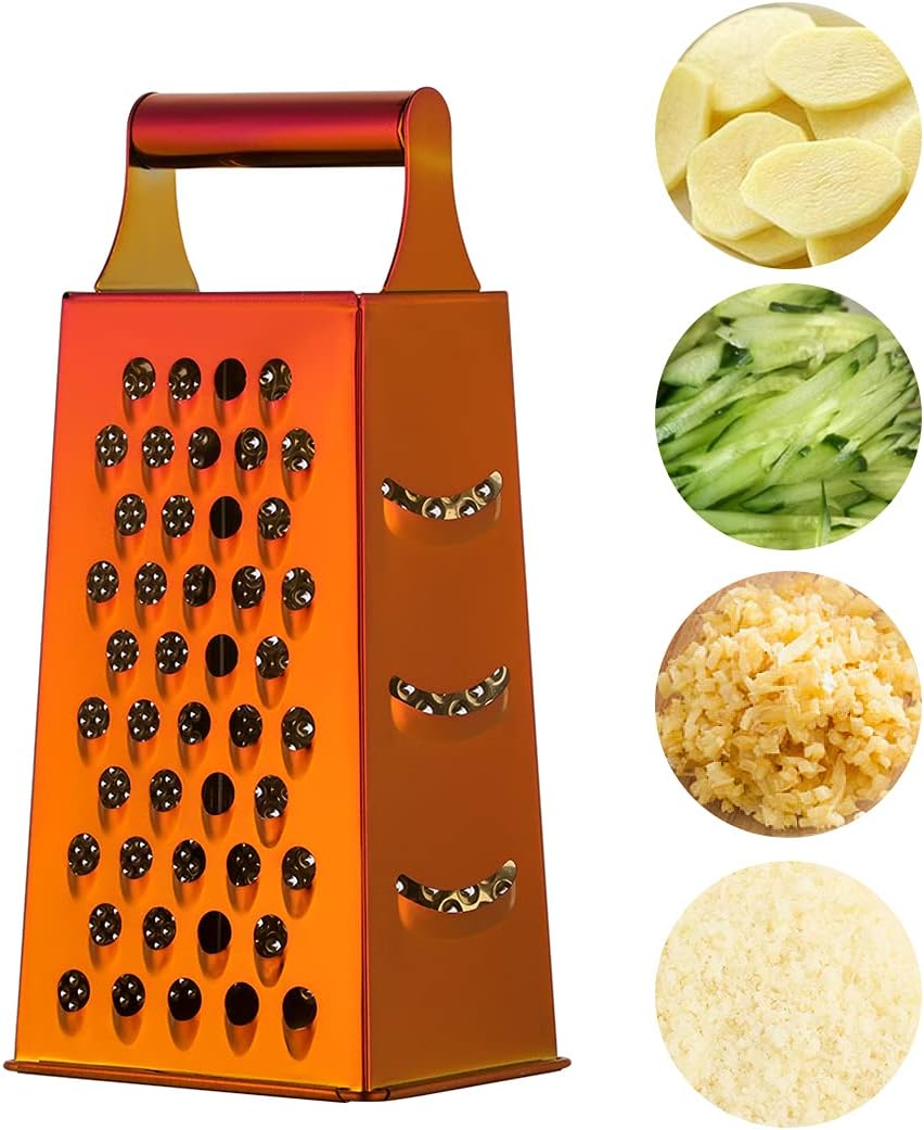 Rainbow Cheese Grater Handheld Grater for Kitchen, Stainless Steel 4 Sided Cheese Grater with Handle for Grinding Shredding & Slicing, Dishwasher Safe