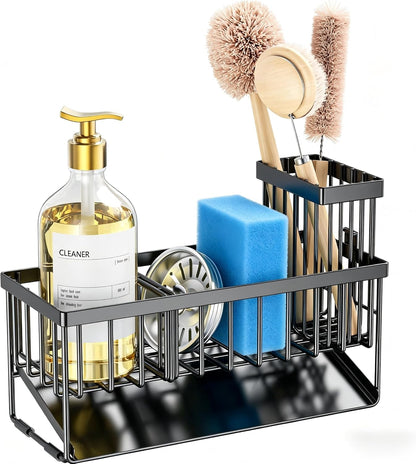 Cisily Sink Caddy Sponge Holder for Kitchen with Brush Holder and Stainless Steel Self Drain Tray, Rustproof Kitchen Sink Organizer for Sponge, Soap Dispenser Storage Accessories