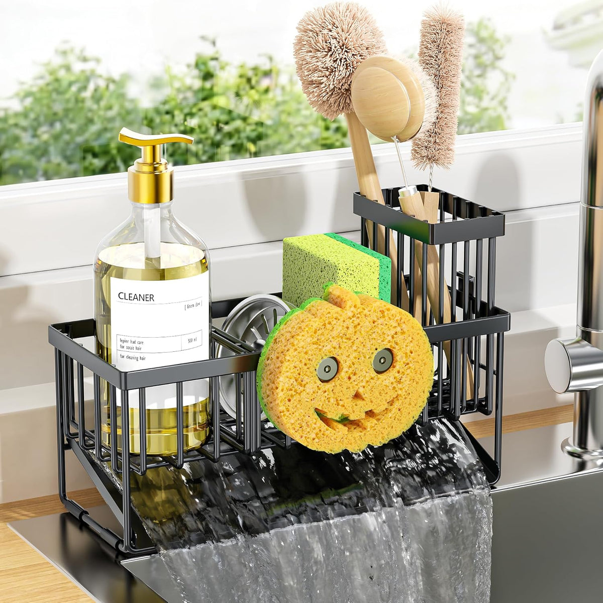 Cisily Sink Caddy Sponge Holder for Kitchen with Brush Holder and Stainless Steel Self Drain Tray, Rustproof Kitchen Sink Organizer for Sponge, Soap Dispenser Storage Accessories