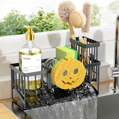 Cisily Sink Caddy Sponge Holder for Kitchen with Brush Holder and Stainless Steel Self Drain Tray, Rustproof Kitchen Sink Organizer for Sponge, Soap Dispenser Storage Accessories