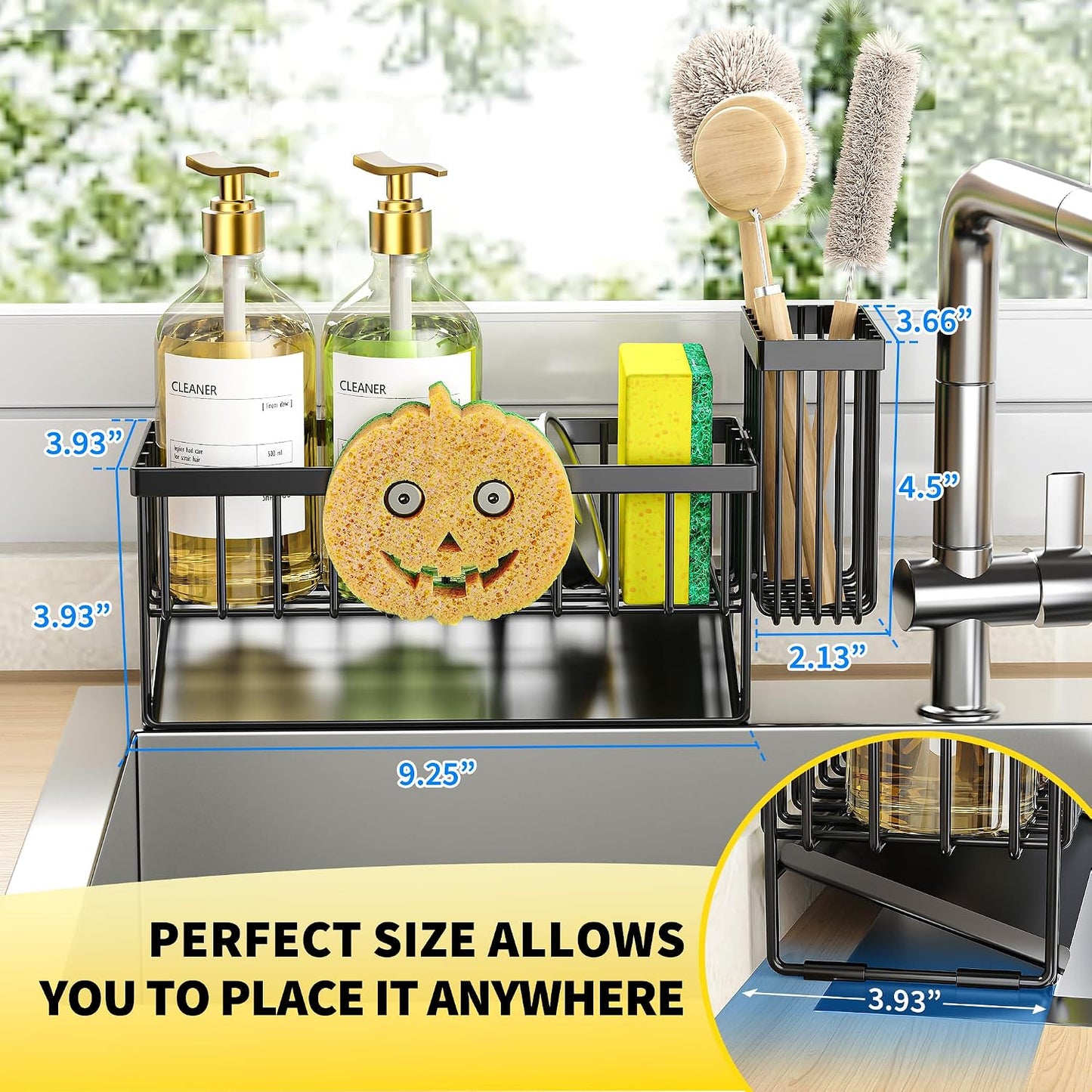 Cisily Sink Caddy Sponge Holder for Kitchen with Brush Holder and Stainless Steel Self Drain Tray, Rustproof Kitchen Sink Organizer for Sponge, Soap Dispenser Storage Accessories