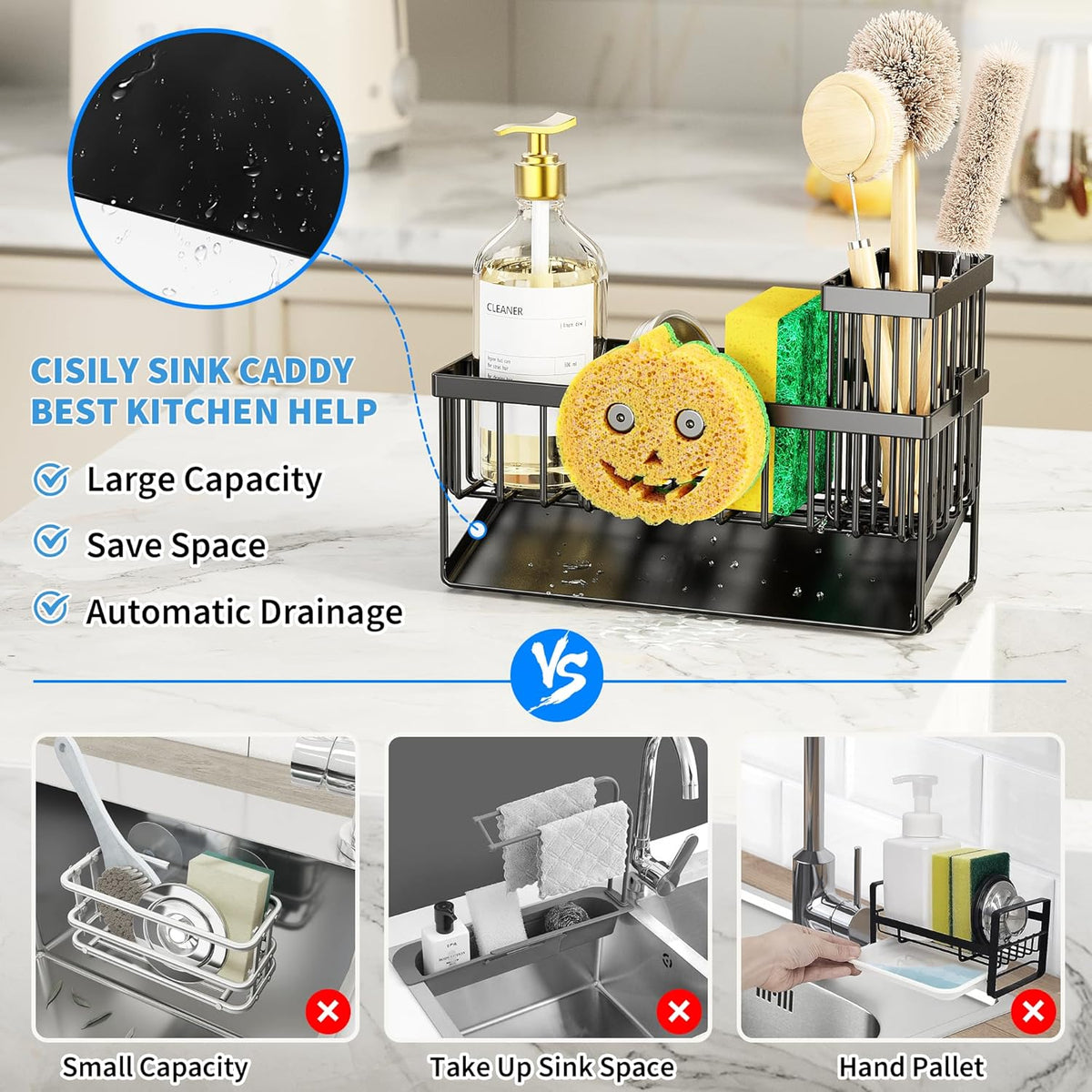 Cisily Sink Caddy Sponge Holder for Kitchen with Brush Holder and Stainless Steel Self Drain Tray, Rustproof Kitchen Sink Organizer for Sponge, Soap Dispenser Storage Accessories