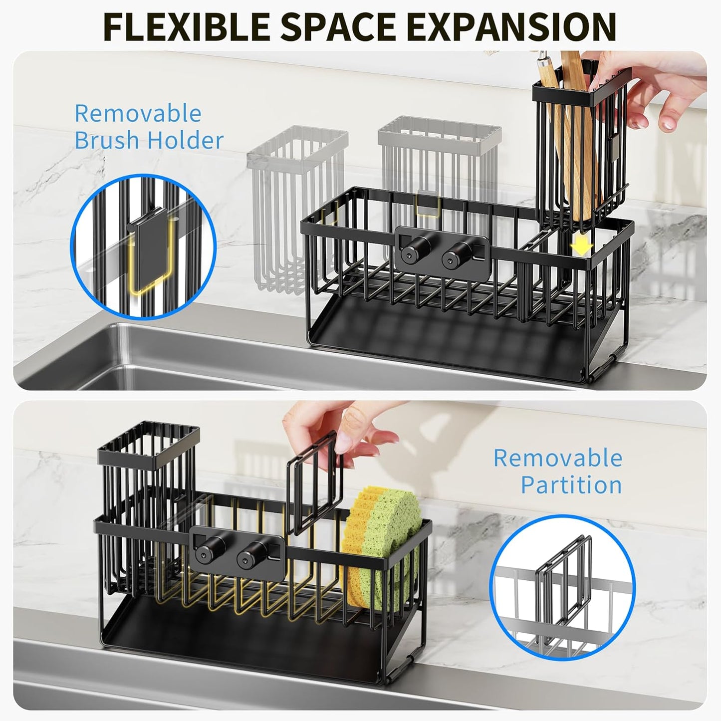 Cisily Sink Caddy Sponge Holder for Kitchen with Brush Holder and Stainless Steel Self Drain Tray, Rustproof Kitchen Sink Organizer for Sponge, Soap Dispenser Storage Accessories