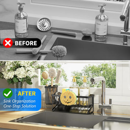 Cisily Sink Caddy Sponge Holder for Kitchen with Brush Holder and Stainless Steel Self Drain Tray, Rustproof Kitchen Sink Organizer for Sponge, Soap Dispenser Storage Accessories