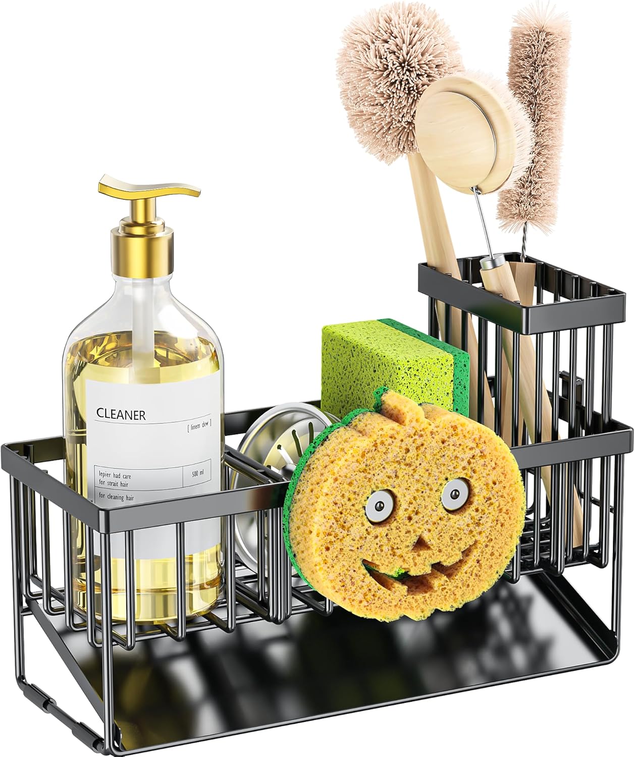 Cisily Sink Caddy Sponge Holder for Kitchen with Brush Holder and Stainless Steel Self Drain Tray, Rustproof Kitchen Sink Organizer for Sponge, Soap Dispenser Storage Accessories