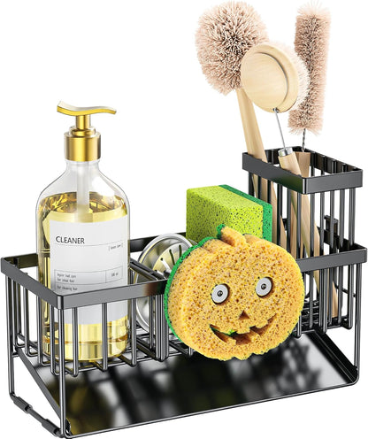 Cisily Sink Caddy Sponge Holder for Kitchen with Brush Holder and Stainless Steel Self Drain Tray, Rustproof Kitchen Sink Organizer for Sponge, Soap Dispenser Storage Accessories