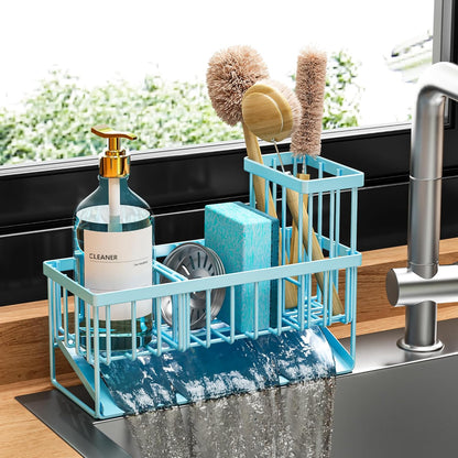 Cisily Sink Caddy Sponge Holder for Kitchen with Brush Holder and Stainless Steel Self Drain Tray, Rustproof Kitchen Sink Organizer for Sponge, Soap Dispenser Storage Accessories