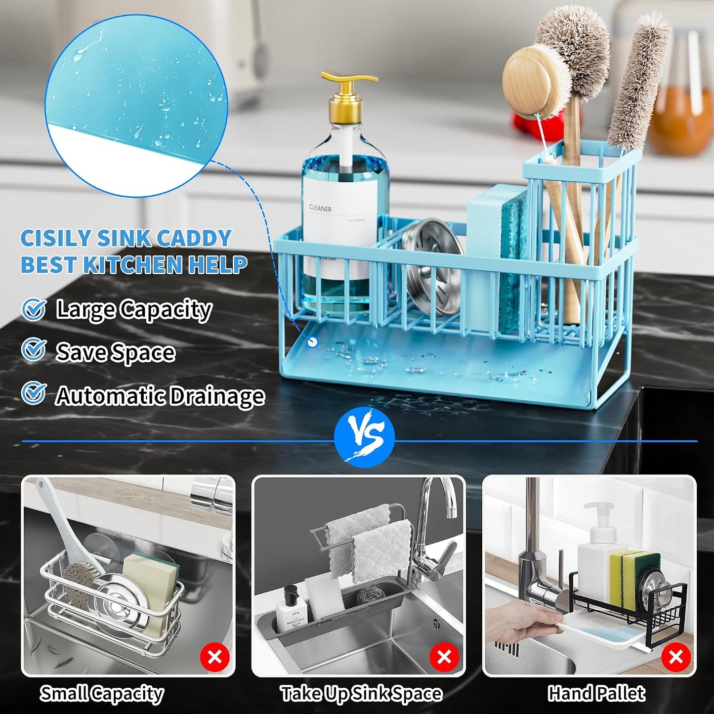 Cisily Sink Caddy Sponge Holder for Kitchen with Brush Holder and Stainless Steel Self Drain Tray, Rustproof Kitchen Sink Organizer for Sponge, Soap Dispenser Storage Accessories