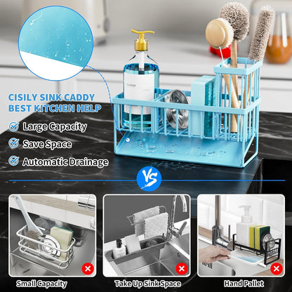 Cisily Sink Caddy Sponge Holder for Kitchen with Brush Holder and Stainless Steel Self Drain Tray, Rustproof Kitchen Sink Organizer for Sponge, Soap Dispenser Storage Accessories