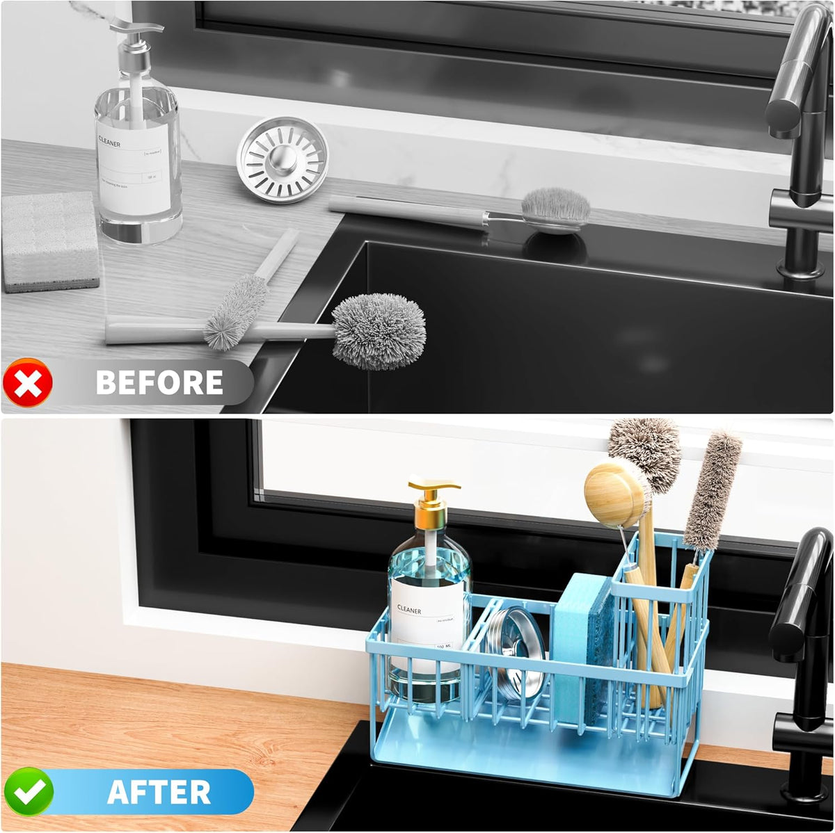 Cisily Sink Caddy Sponge Holder for Kitchen with Brush Holder and Stainless Steel Self Drain Tray, Rustproof Kitchen Sink Organizer for Sponge, Soap Dispenser Storage Accessories