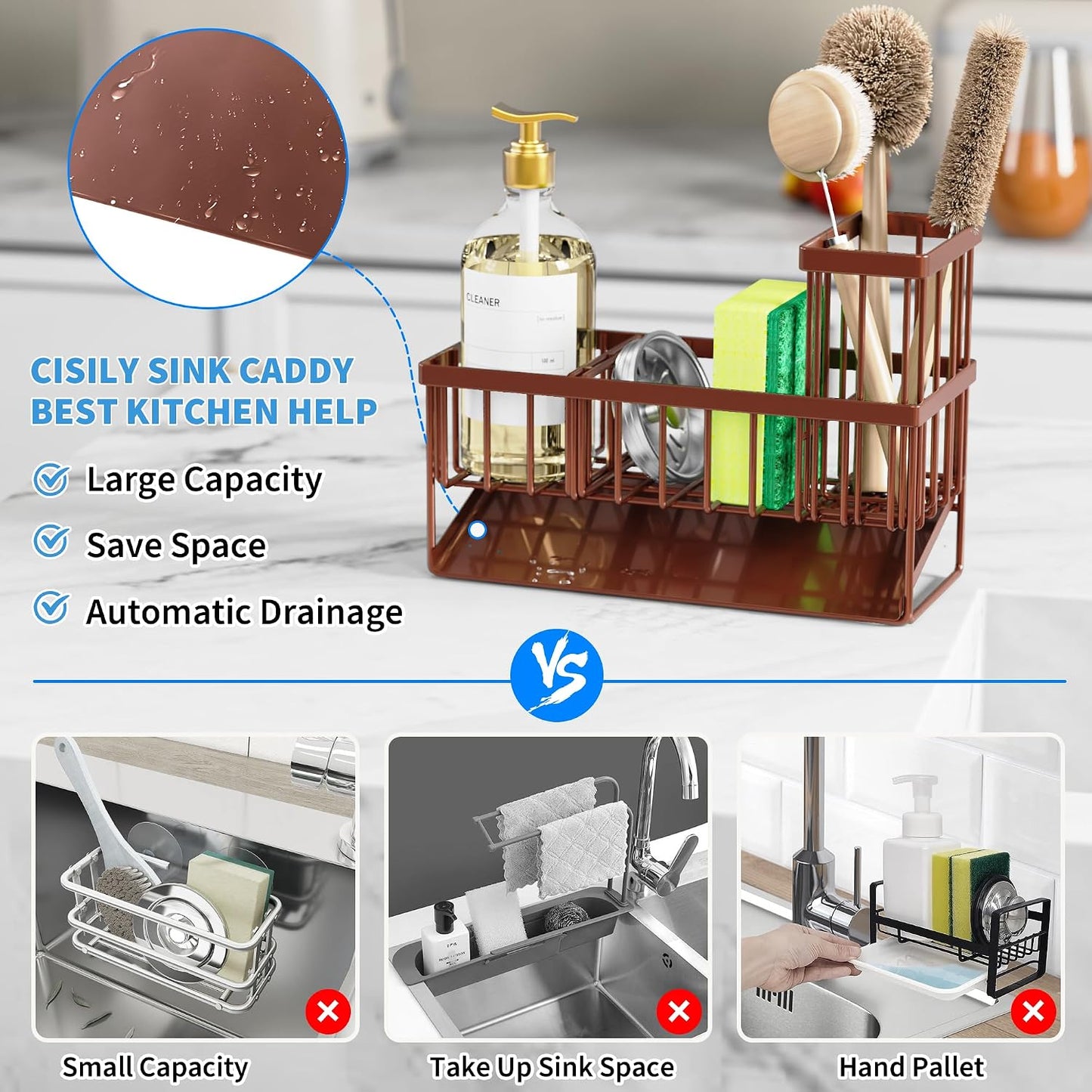 Cisily Sink Caddy Sponge Holder for Kitchen with Brush Holder and Stainless Steel Self Drain Tray, Rustproof Kitchen Sink Organizer for Sponge, Soap Dispenser Storage Accessories