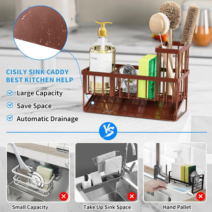 Cisily Sink Caddy Sponge Holder for Kitchen with Brush Holder and Stainless Steel Self Drain Tray, Rustproof Kitchen Sink Organizer for Sponge, Soap Dispenser Storage Accessories