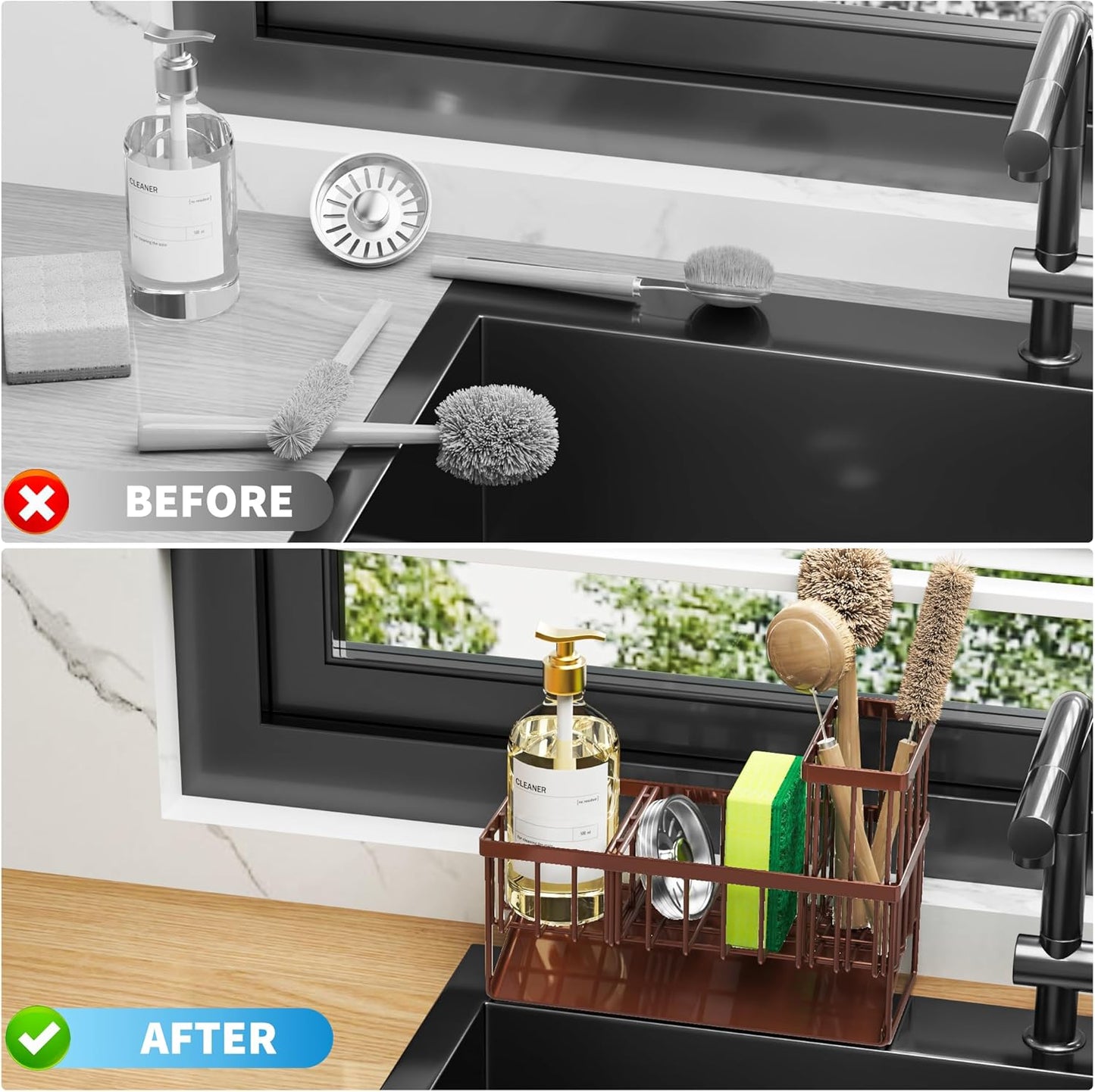 Cisily Sink Caddy Sponge Holder for Kitchen with Brush Holder and Stainless Steel Self Drain Tray, Rustproof Kitchen Sink Organizer for Sponge, Soap Dispenser Storage Accessories