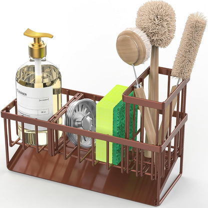 Cisily Sink Caddy Sponge Holder for Kitchen with Brush Holder and Stainless Steel Self Drain Tray, Rustproof Kitchen Sink Organizer for Sponge, Soap Dispenser Storage Accessories
