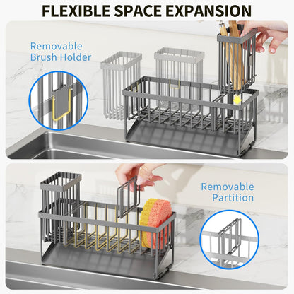 Cisily Sink Caddy Sponge Holder for Kitchen with Brush Holder and Stainless Steel Self Drain Tray, Rustproof Kitchen Sink Organizer for Sponge, Soap Dispenser Storage Accessories