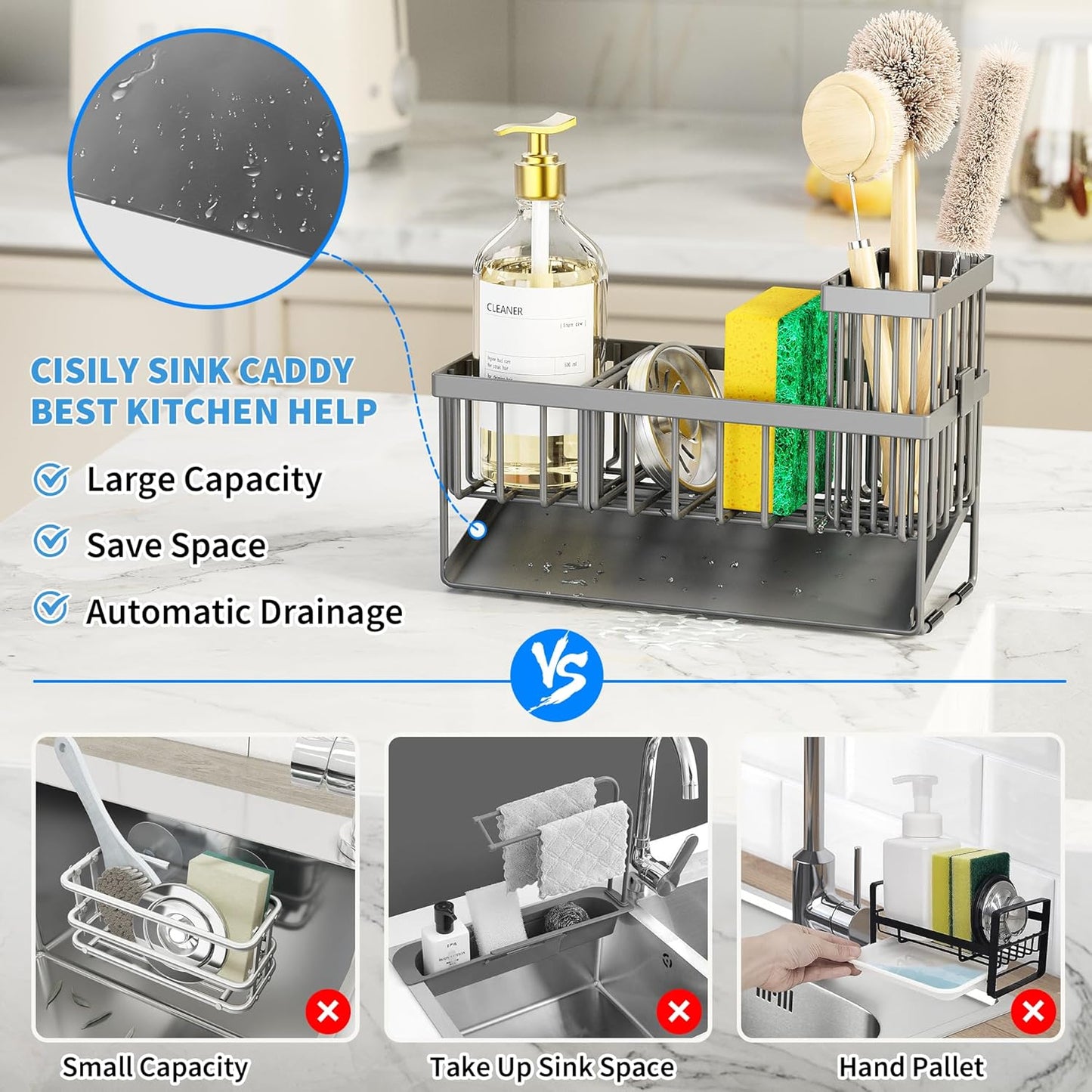 Cisily Sink Caddy Sponge Holder for Kitchen with Brush Holder and Stainless Steel Self Drain Tray, Rustproof Kitchen Sink Organizer for Sponge, Soap Dispenser Storage Accessories