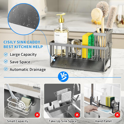 Cisily Sink Caddy Sponge Holder for Kitchen with Brush Holder and Stainless Steel Self Drain Tray, Rustproof Kitchen Sink Organizer for Sponge, Soap Dispenser Storage Accessories