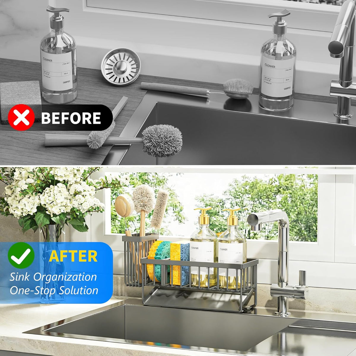 Cisily Sink Caddy Sponge Holder for Kitchen with Brush Holder and Stainless Steel Self Drain Tray, Rustproof Kitchen Sink Organizer for Sponge, Soap Dispenser Storage Accessories