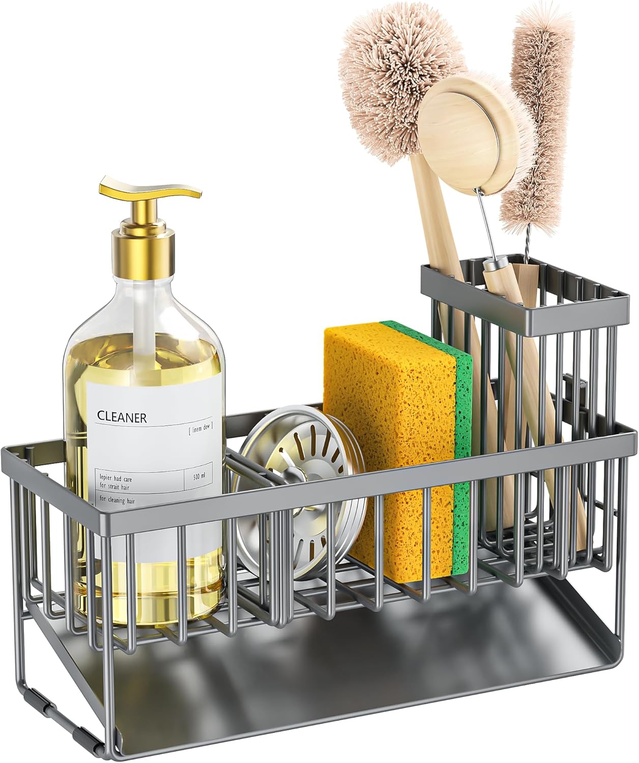 Cisily Sink Caddy Sponge Holder for Kitchen with Brush Holder and Stainless Steel Self Drain Tray, Rustproof Kitchen Sink Organizer for Sponge, Soap Dispenser Storage Accessories