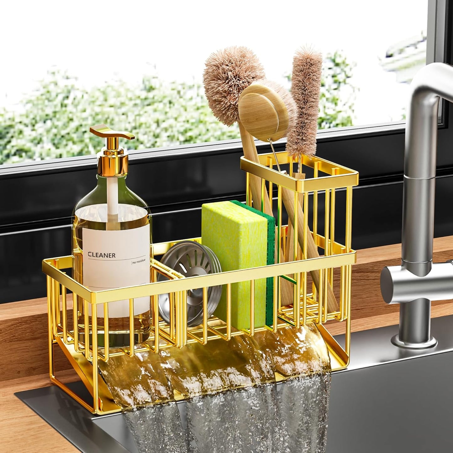 Cisily Sink Caddy Sponge Holder for Kitchen with Brush Holder and Stainless Steel Self Drain Tray, Rustproof Kitchen Sink Organizer for Sponge, Soap Dispenser Storage Accessories
