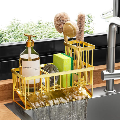 Cisily Sink Caddy Sponge Holder for Kitchen with Brush Holder and Stainless Steel Self Drain Tray, Rustproof Kitchen Sink Organizer for Sponge, Soap Dispenser Storage Accessories