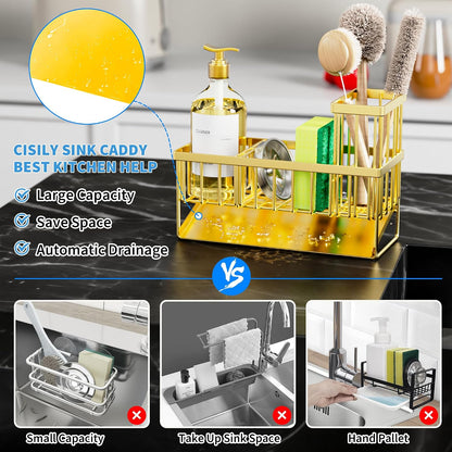 Cisily Sink Caddy Sponge Holder for Kitchen with Brush Holder and Stainless Steel Self Drain Tray, Rustproof Kitchen Sink Organizer for Sponge, Soap Dispenser Storage Accessories