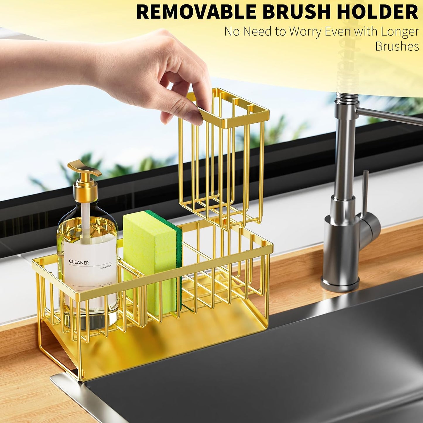 Cisily Sink Caddy Sponge Holder for Kitchen with Brush Holder and Stainless Steel Self Drain Tray, Rustproof Kitchen Sink Organizer for Sponge, Soap Dispenser Storage Accessories