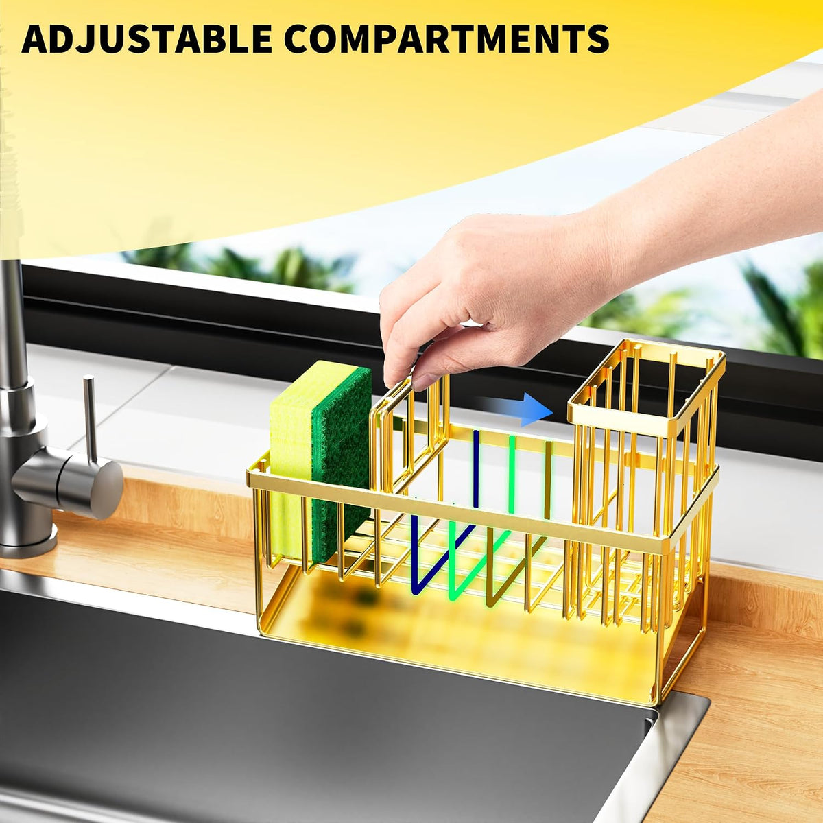 Cisily Sink Caddy Sponge Holder for Kitchen with Brush Holder and Stainless Steel Self Drain Tray, Rustproof Kitchen Sink Organizer for Sponge, Soap Dispenser Storage Accessories