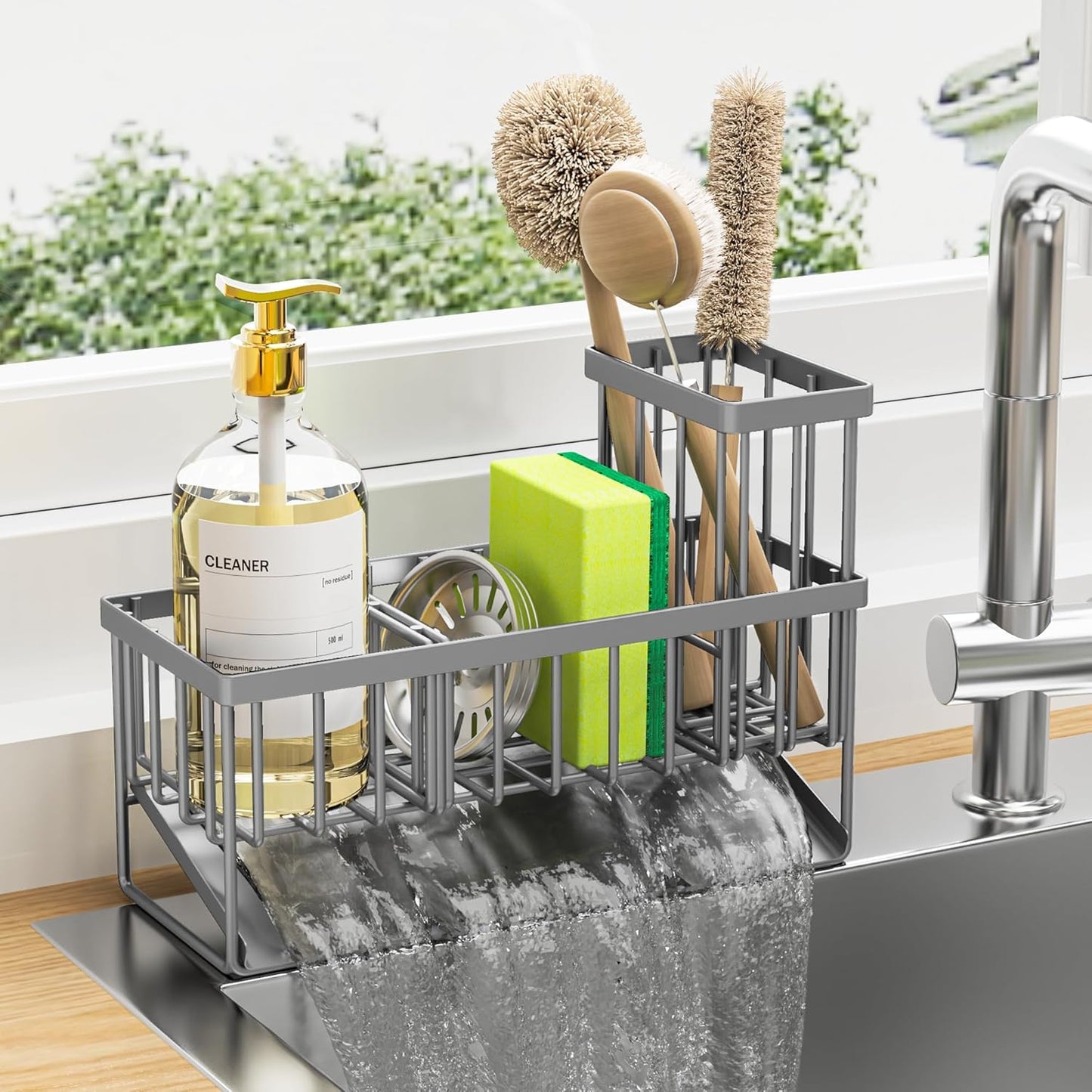Cisily Sink Caddy Sponge Holder for Kitchen with Brush Holder and Stainless Steel Self Drain Tray, Rustproof Kitchen Sink Organizer for Sponge, Soap Dispenser Storage Accessories